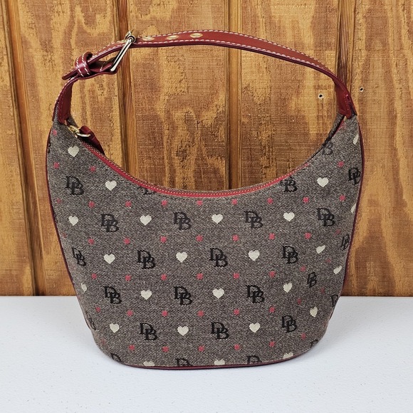 Dooney & Bourke Handbags - Dooney & Bourke Hobo Bucket Bag Canvas Hearts Signature Gray & Red Y2K DH29